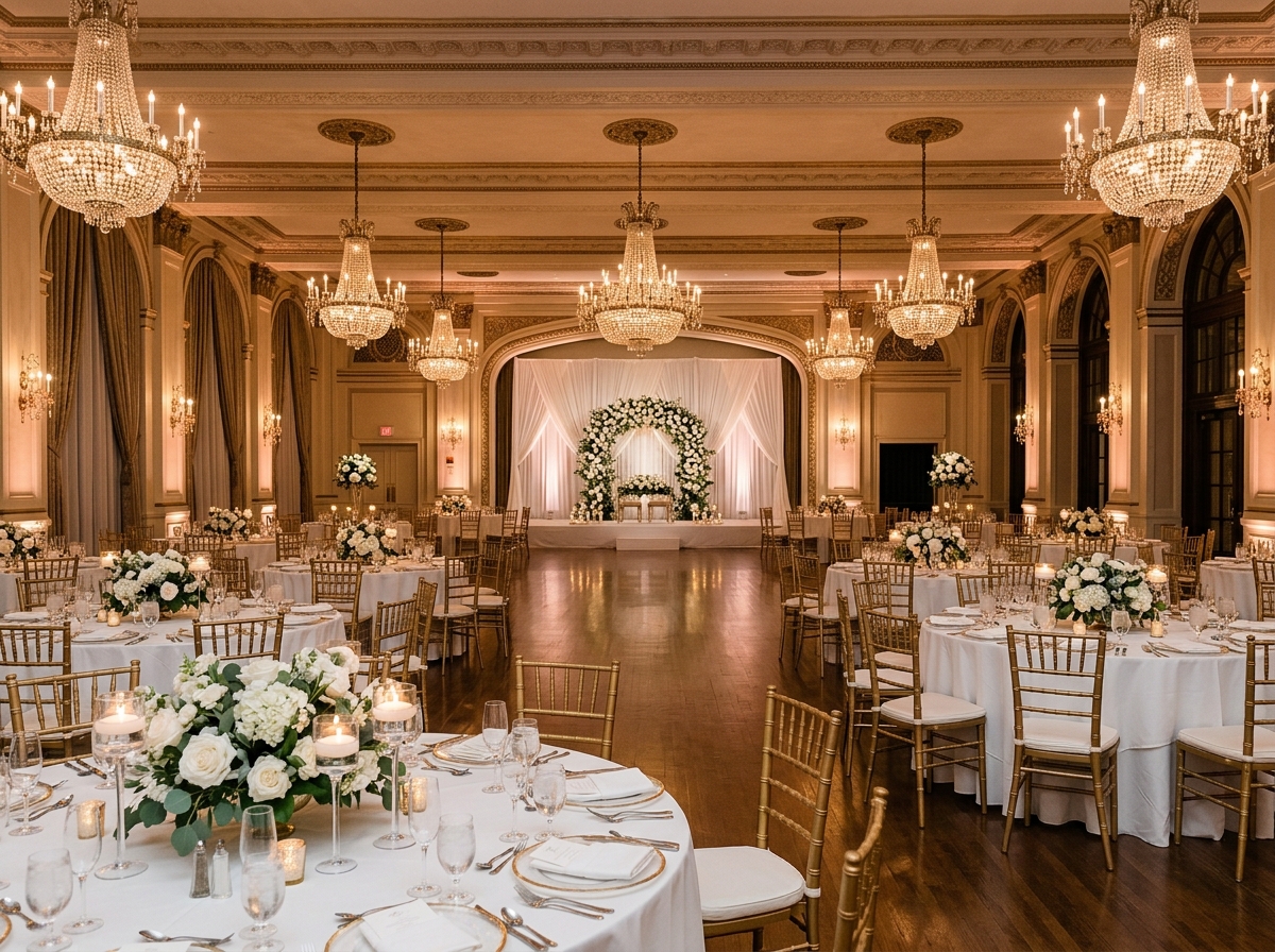 Round banquet tables with white roses and gold chairs facing a floral arch on the stage