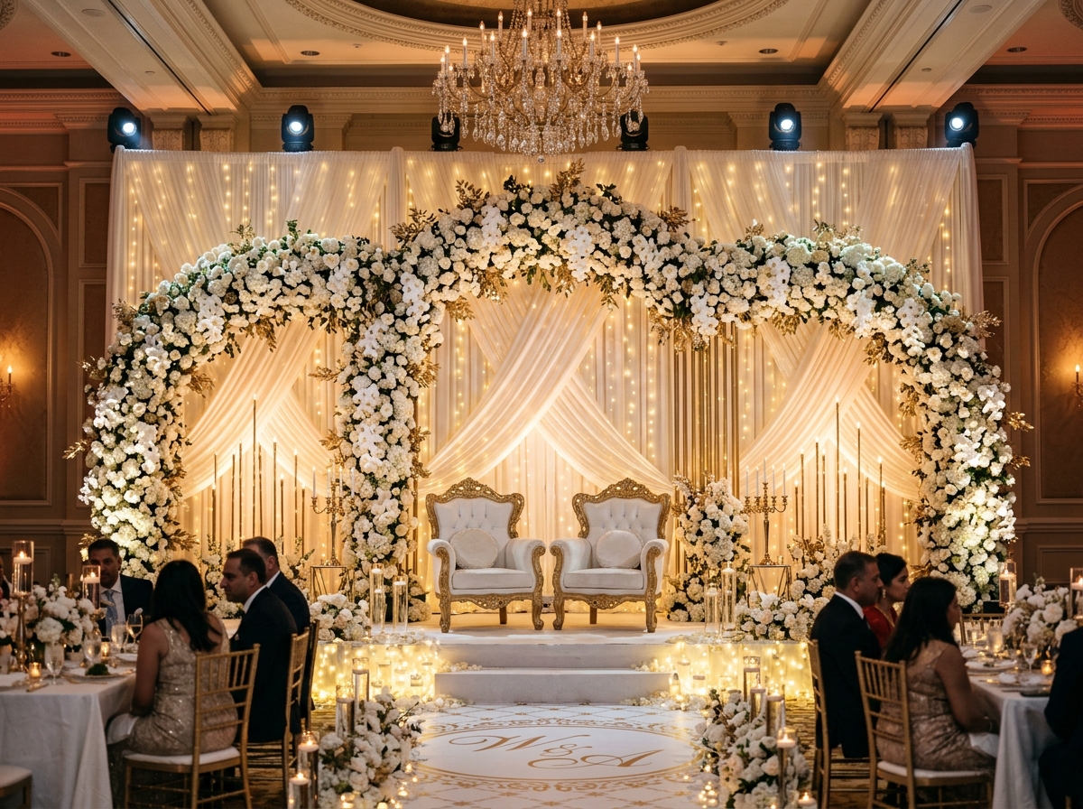 Wedding stage with two white settees under an arch of white flowers and candlelight