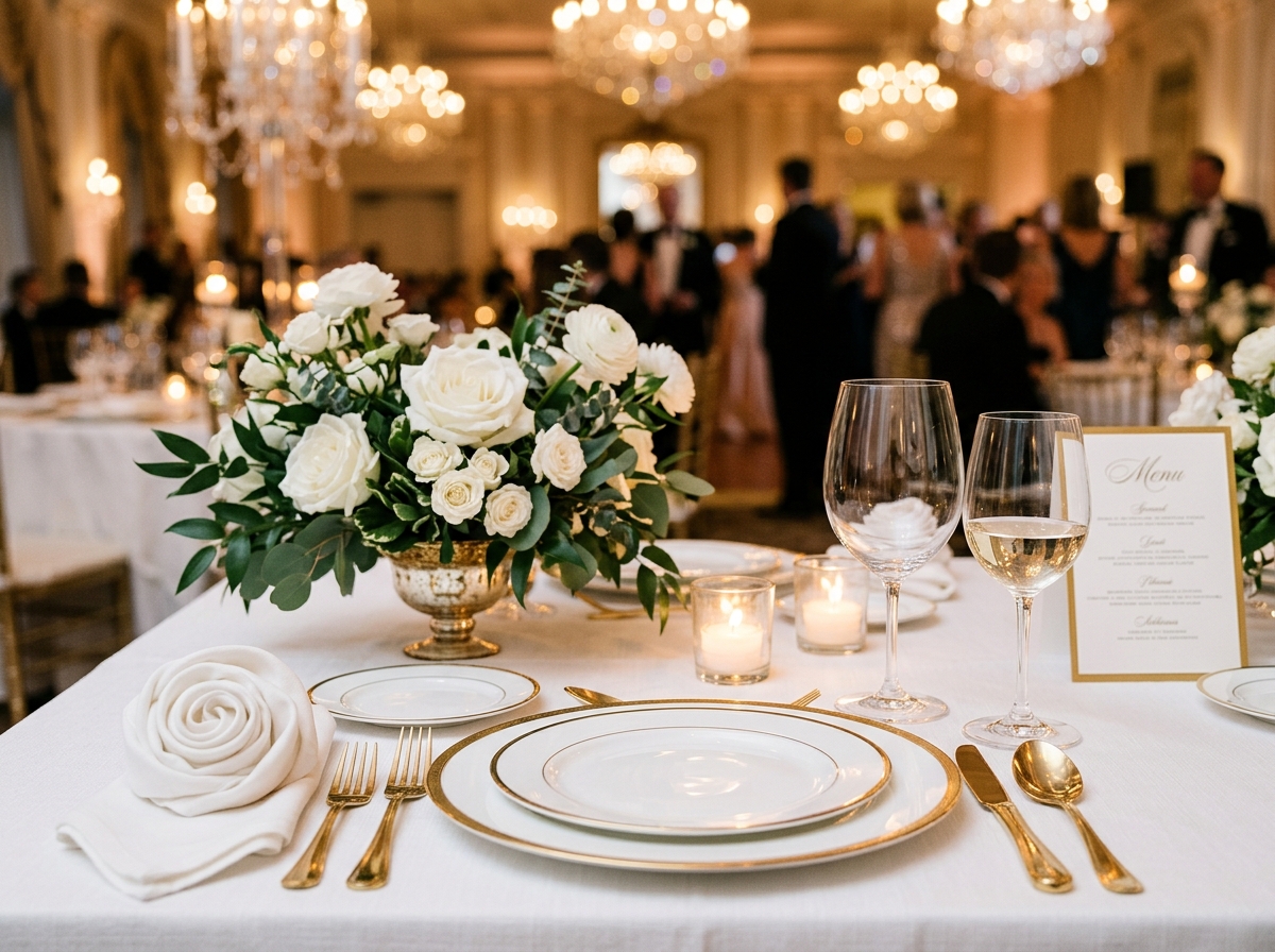 Place setting with gold-rimmed plates, white roses and a menu card